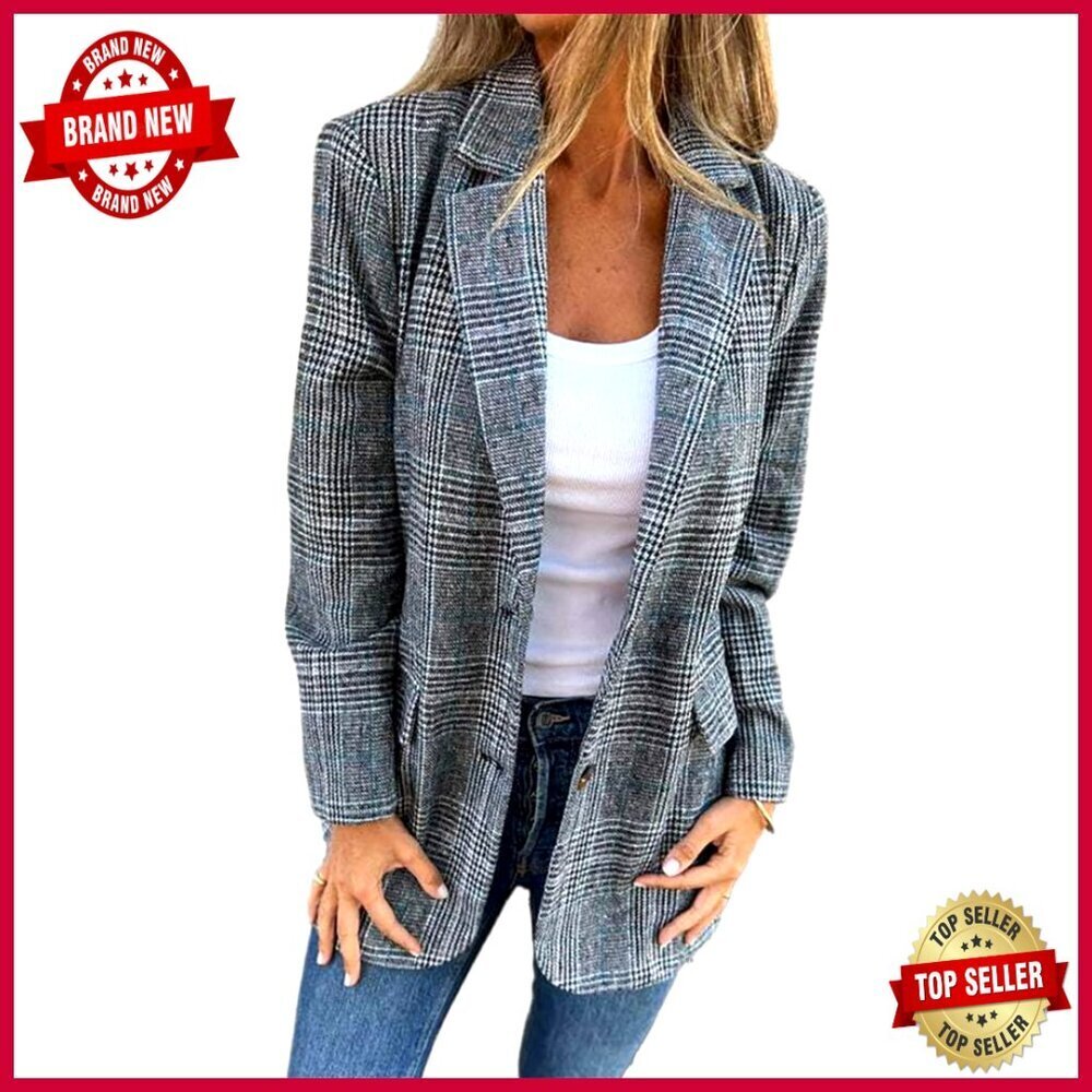 Women's Tweed Blazer Plaid Houndstooth Work Suit Jacket Business Casual